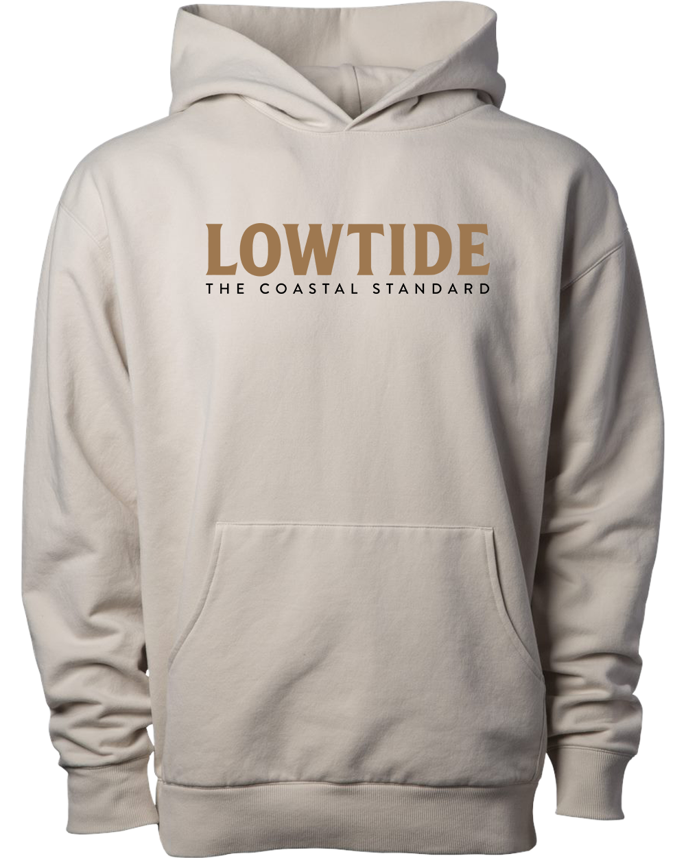 Beige hoodie with 'LOWTIDE THE COASTAL STANDARD' text on a white background