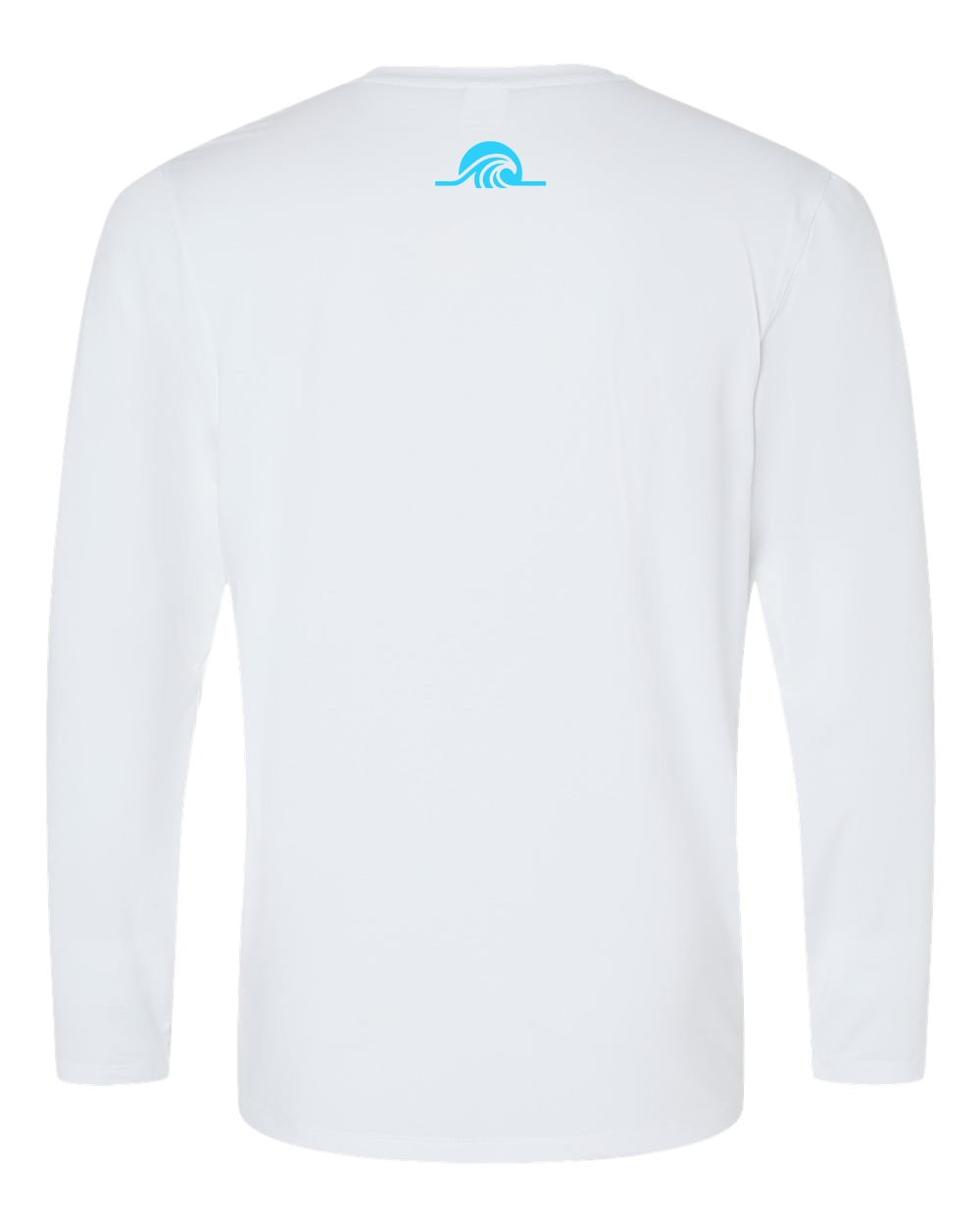 White long-sleeve shirt with a blue wave logo on the back against a white background