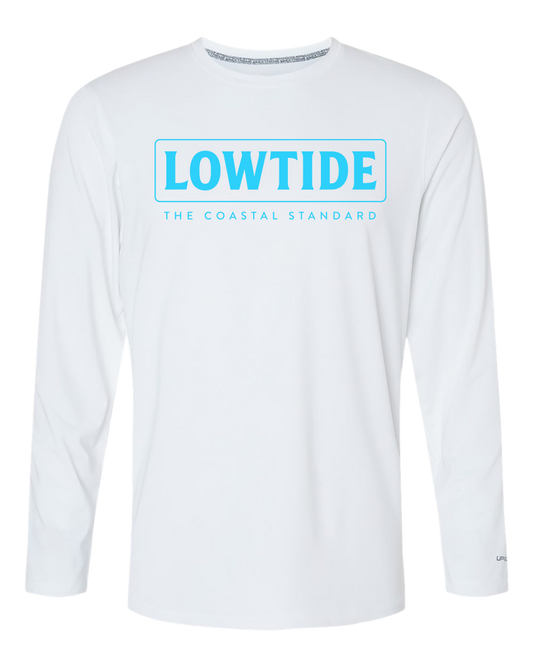 White long-sleeve shirt with blue 'LOWTIDE' logo on a white background