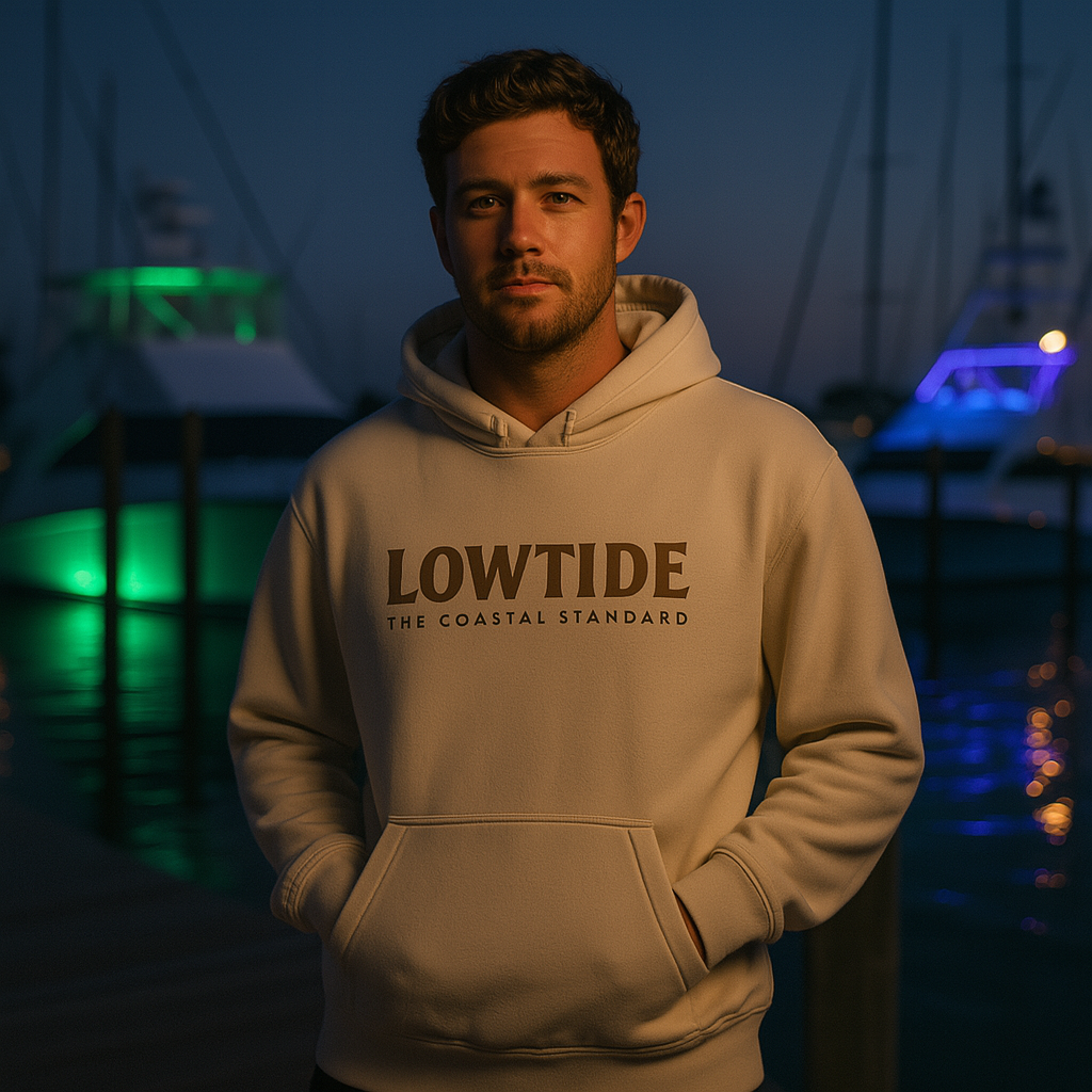 Man wearing a beige hoodie with 'LOWTIDE' branding at night by a waterfront.
