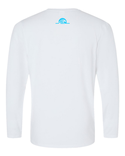 White long-sleeve shirt with a blue wave logo on the back against a white background