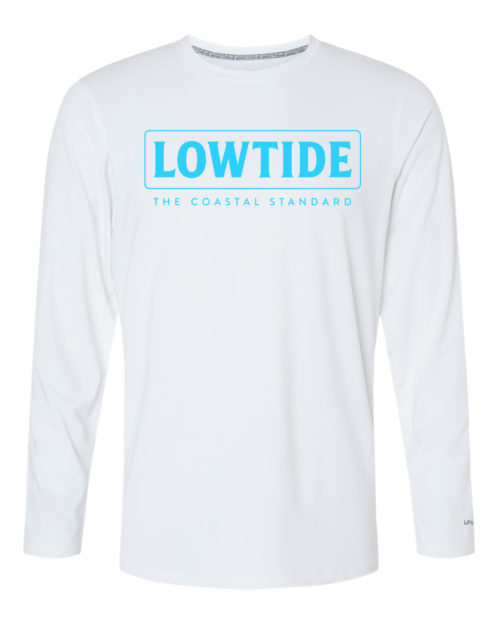 White long-sleeve shirt with blue 'LOWTIDE' logo on a white background